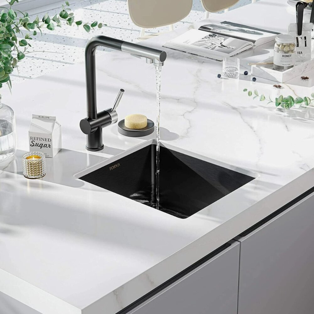 TORVA 15" x 17" Gloss Black Ceramic Coating with NanoTek Undermount Kitchen Sink